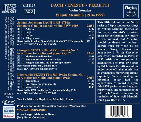 BACH / ENESCU / PIZZETTI: Violin Sonatas - slide-1