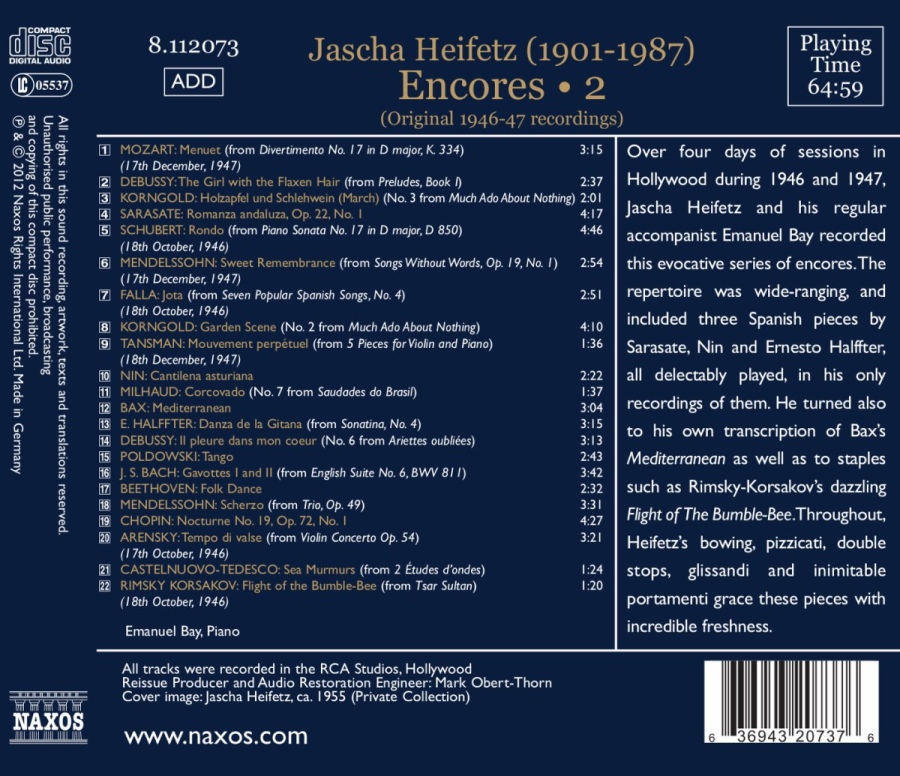 Jascha Heifetz: Encores Vol. 2 - Rimsky-Korsakov, Debussy, Chopin, Falla - slide-1