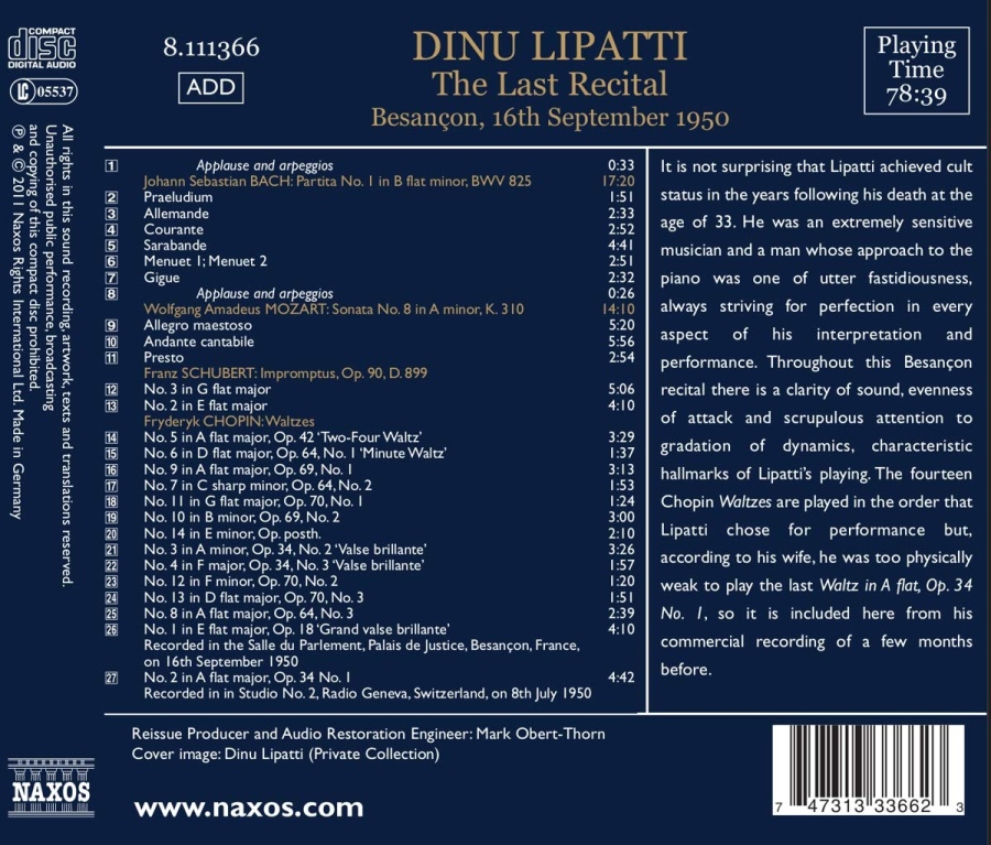 Dinu Lipatti: The Last Recital - Bach, Mozart, Schubert, Chopin (nagr. 1950) - slide-1
