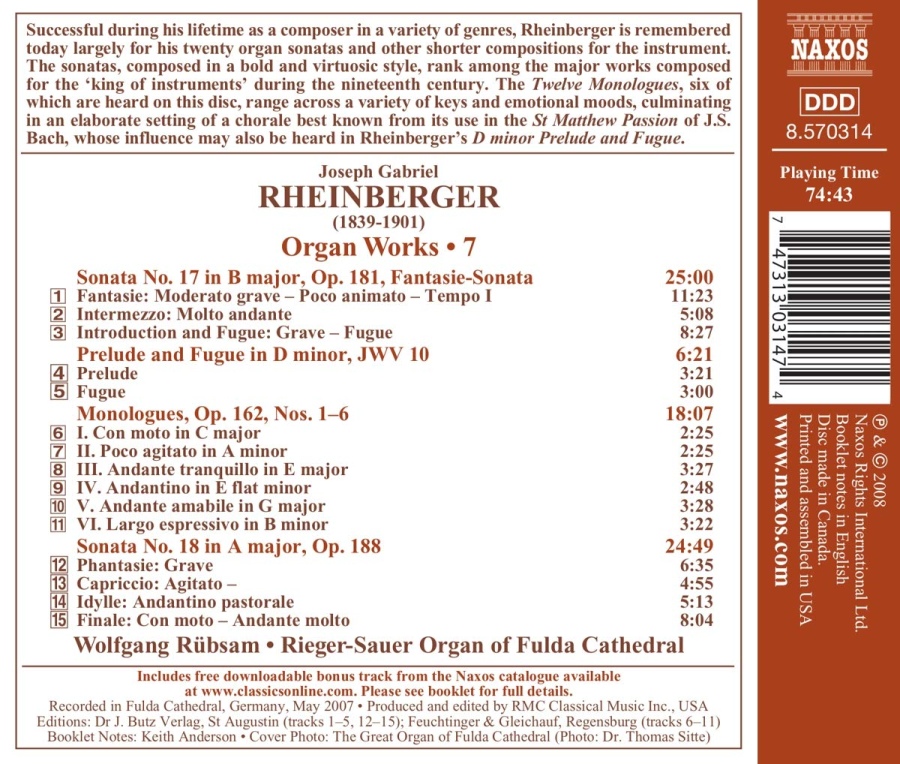 Rheinberger: Organ Works Vol. 7  -  Sonatas Nos. 17 and 18, Monologues Op. 162 Nos. 1–6 - slide-1