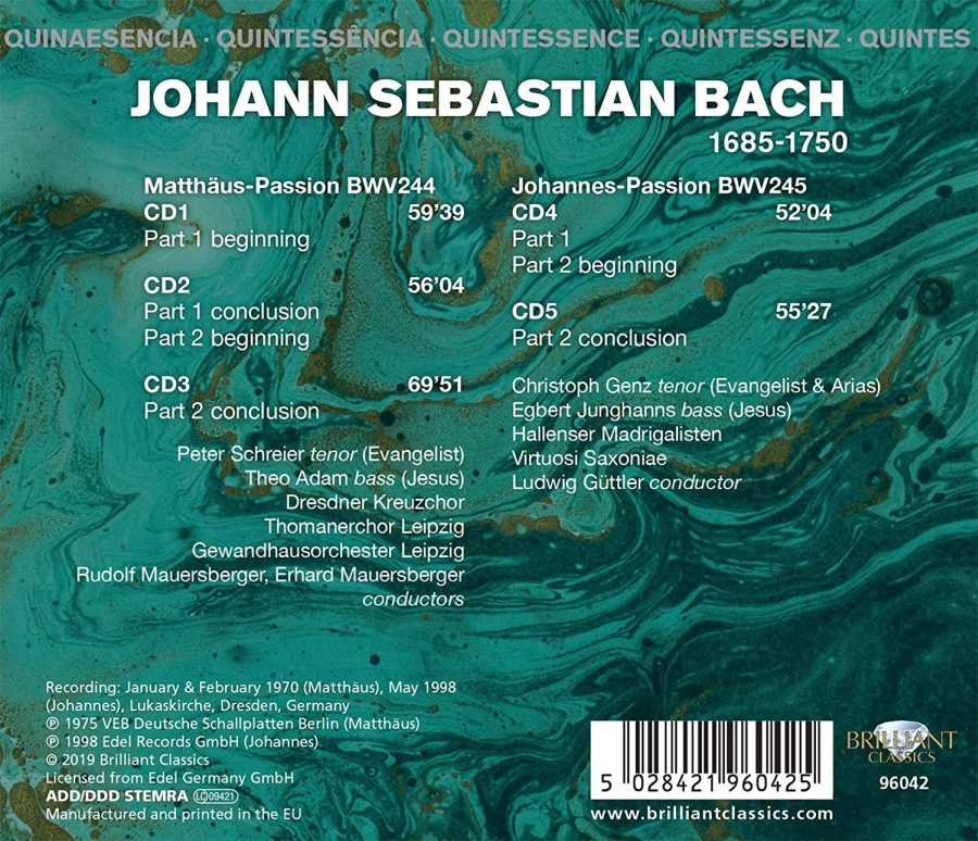 Quintessence J.S. Bach: Matthäus Passion BWV 244, Johannes Passion BWV 245 - slide-1