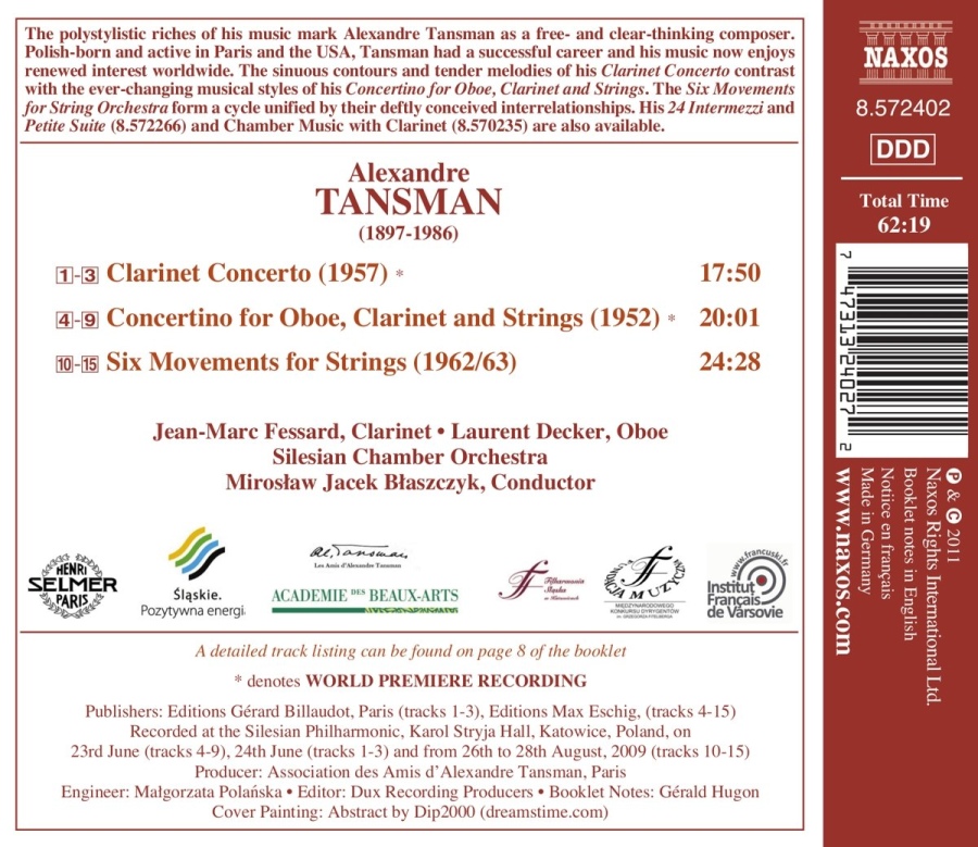 TANSMAN: Clarinet Concerto, Concertino for Oboe, Clarinet and Strings, Six Movements for Strings - slide-1