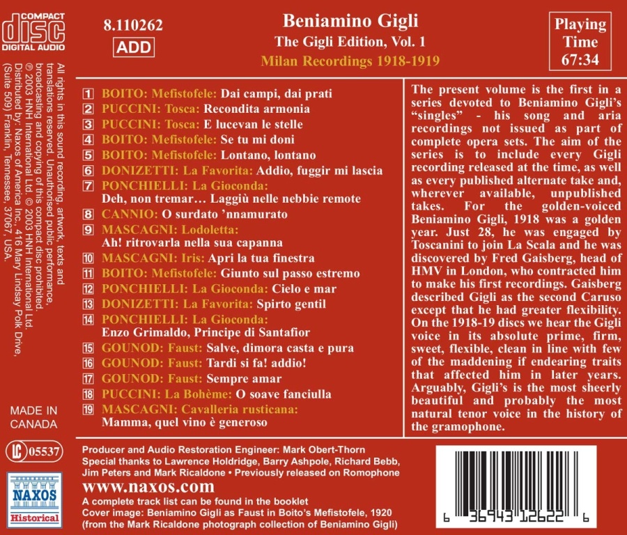 GIGLI, Beniamino: Gigli Edition, Vol. 1: Milan Recordings (1918-1919) - slide-1