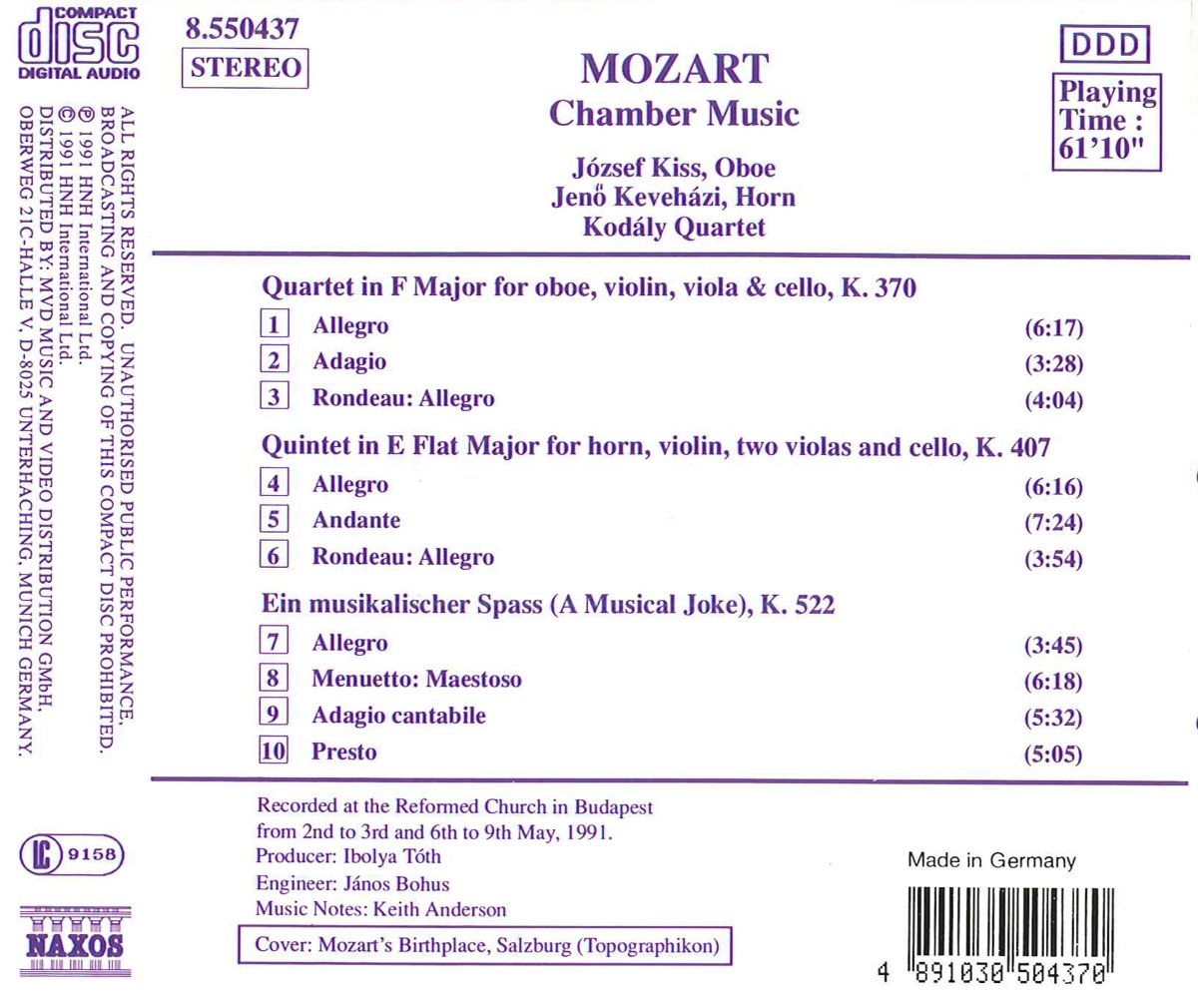 Mozart: Oboe Quartet, K. 370, Horn Quintet, K. 407, A Musical Joke, K. 522 - slide-1