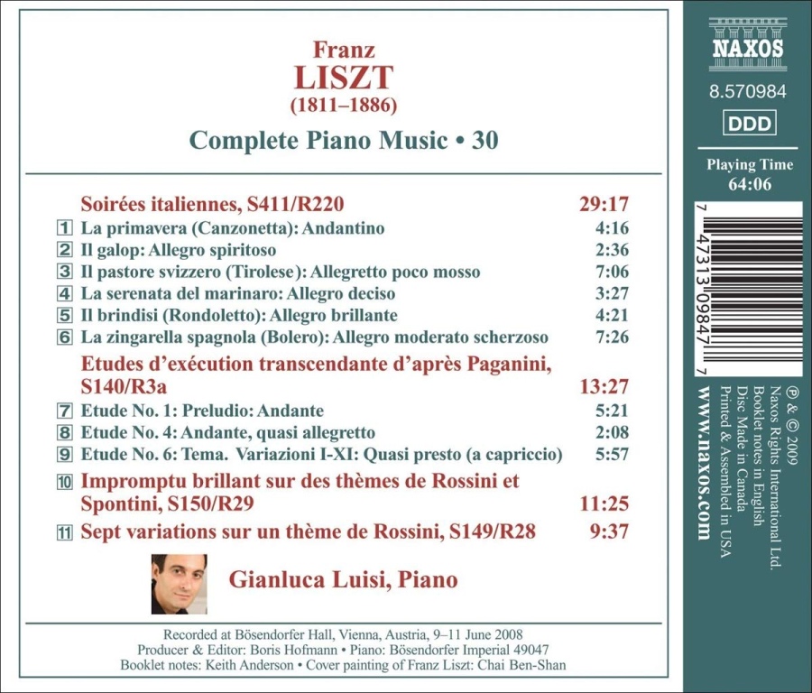 Liszt: Piano Music Vol. 30 - Soirées italiennes, 3 Paganini Etudes, Rossini and Spontini Impromptu, Rossini Variations - slide-1