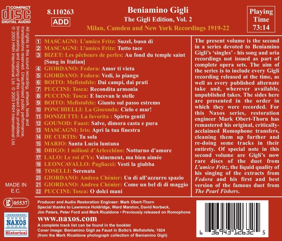 GIGLI, Beniamino: Gigli Edition, Vol. 2: Milan, Camden and New York Recordings (1919-1922) - slide-1