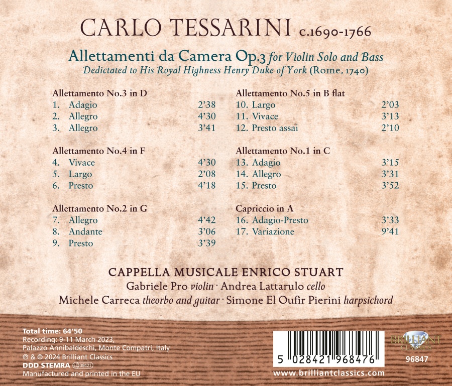 Tessarini: Allettamenti da Camera for Violin Solo and Bass - slide-1