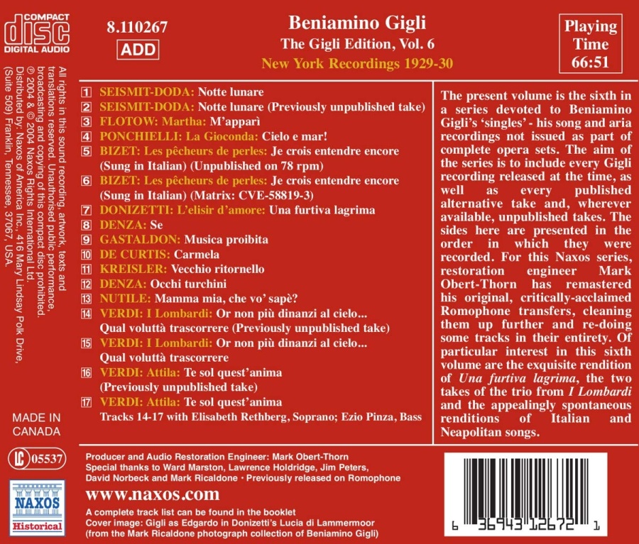 GIGLI, Beniamino: Gigli Edition, Vol. 6: New York Recordings (1928-1930) - slide-1