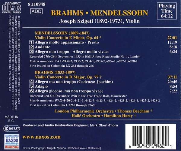 GREAT VIOLINISTS - SZIGETI: Brahms, Mendelssohn - slide-1
