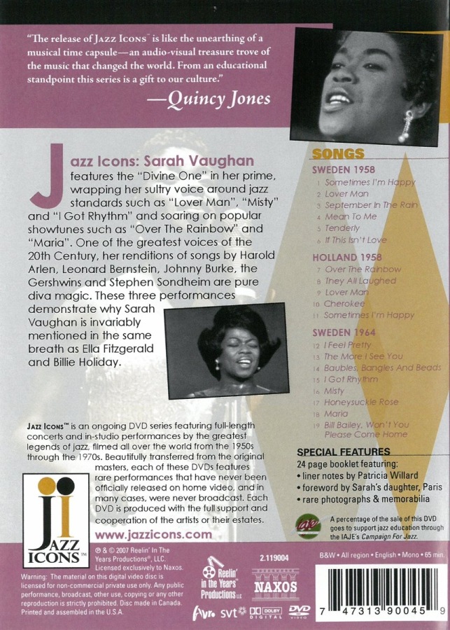 JAZZ ICONS:  SARAH VAUGHAN   Live in \'58 and \'64  (Sweden & Holl - slide-1