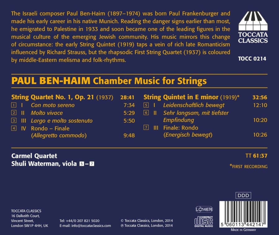 Ben-Haim: Chamber Music - String Quartet & String Quintet - slide-1